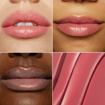 Nude różowy błyszczyk do ust. Cztery panele: zbliżenia na usta trzech modelek i próbka produktu.