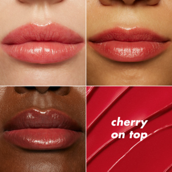 Kolaż: błyszczyki na ustach trzech modelek, od różu do brązu, oraz swatch 'cherry on top' – intensywna czerwień.