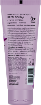 Tył różowej tubki kremu do rąk Organique Black Orchid 70 ml z listą składników i wegańskim logo.