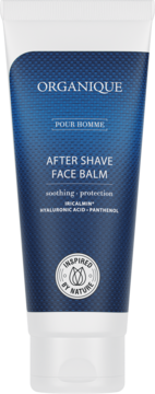 Organique Pour Homme After Shave Face Balm, niebiesko-biała tubka, widok z przodu, z kwasem hialuronowym i pantenolem.