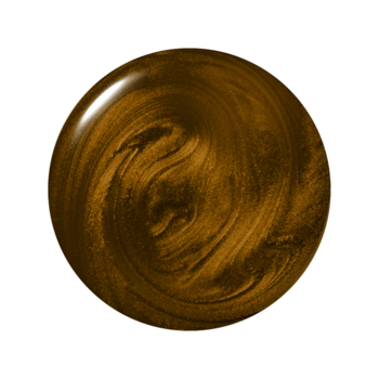 Okrągła kropla mieniącego się, brązowo-złotego lakieru do paznokci o metalicznym wykończeniu, widok z góry.