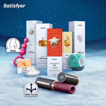Satisfyer Premium: kolekcja zabawek intymnych (Deep Kiss, analne), olejków, akcesoriów BDSM i bielizny na śnieżnym tle.