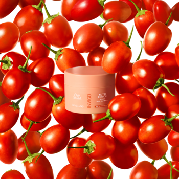 Maska Wella Invigo Nutri-Enrich do włosów suchych, brzoskwiniowy słoik otoczony czerwonymi jagodami goji.