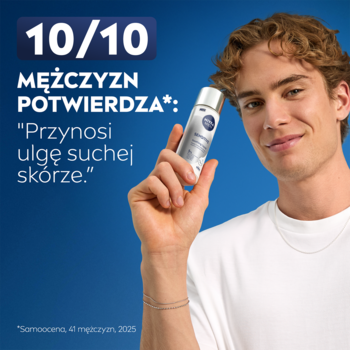 Uśmiechnięty mężczyzna trzyma NIVEA MEN Sensitive esencję łagodzącą. Tekst: 10/10 Mężczyzn potwierdza ulgę suchej skórze.