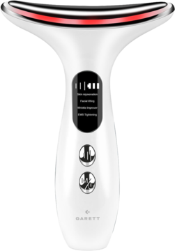 Biały soniczny masażer Garett Beauty Lift Skin Pro, widok z przodu, z czerwonym światłem LED i dwoma przyciskami.