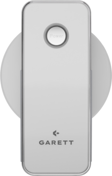 Białe urządzenie antycellulitowe Garett Beauty Cellu Body, pionowo, z logo i przyciskiem Power na froncie.