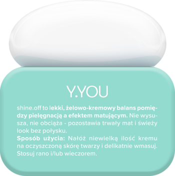 MIYA Y.YOU shine.off matujący krem do twarzy 50 ml w biało-miętowym słoiku, widok z przodu.
