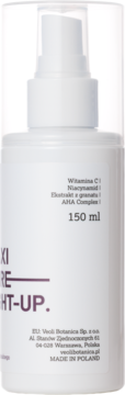 Biała butelka toniku rozświetlającego z witaminą C i niacynamidem, widok z przodu, pojemność 150 ml.