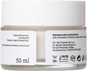 Tył ultranawilżającego kremu Veoli Botanica 50ml w białym słoiczku, widoczny skład i certyfikaty.