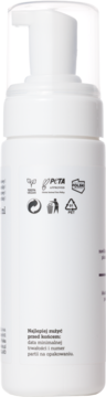 Tył białej butelki nawilżającej pianki do mycia. Widoczne logo PETA, symbole recyklingu i data ważności.