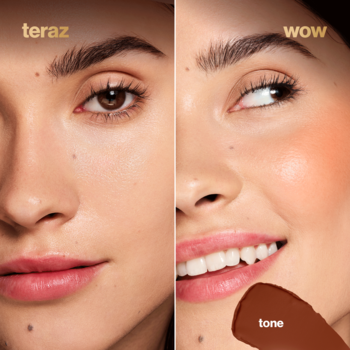 Ujęcie kobiety przed i po: róż Max Factor 2000 Calorie Pop Art, świeże policzki, matowe wykończenie. Próbka odcienia.