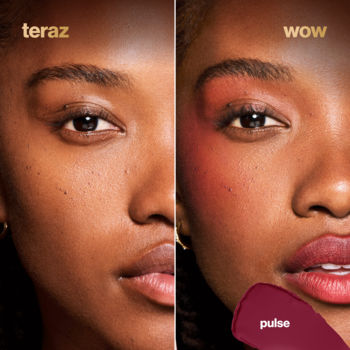 Róż Max Factor 2000 Calorie Pop Art Pulse. Przed i po: cera naturalna i twarz z mocnym różowym makijażem.