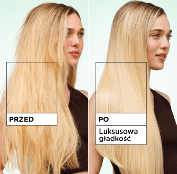 Porównanie włosów przed i po: zniszczone i puszące się vs. wygładzone i lśniące po Garnier Fructis Diamond Sleek.