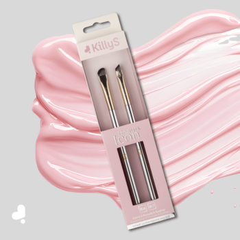 KillyS Beauty Icon, zestaw dwóch pędzli do cieni i eyelinera, w eleganckim różowym opakowaniu, widok z przodu.