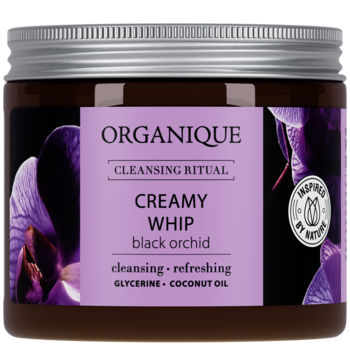 Organique Cleansing Ritual Creamy Whip Black Orchid w brązowym słoiku z metalową pokrywką i fioletową etykietą z orchideą.