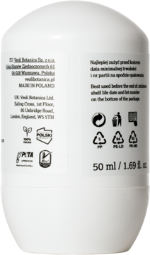 Tył białego, owalnego dezodorantu Veoli Botanica Shield Me, etykieta z datą ważności, recyklingiem i 50ml.