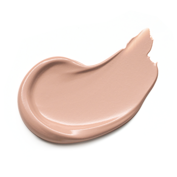 Kremowy, jasnobeżowy podkład do twarzy o gładkiej, świetlistej teksturze, rozmazany na czystym białym tle.