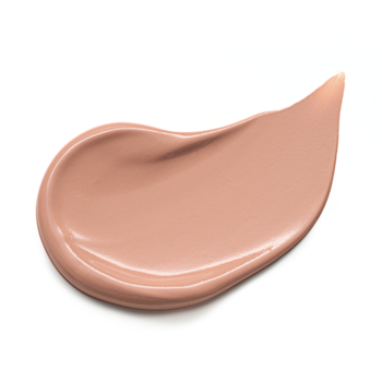 Beżowy podkład do twarzy w formie gęstej, kremowej smugi z delikatnym połyskiem na białym tle.