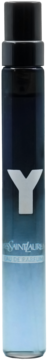 Flakon perfum Yves Saint Laurent Y Eau de Parfum z gradientem od ciemnego granatu do jasnego błękitu, logo 'Y'.
