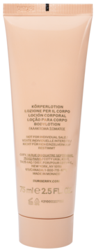 Balsam do ciała Burberry w jasnobeżowej tubce, widok z tyłu z napisami i pojemnością 75 ml, na białym tle.