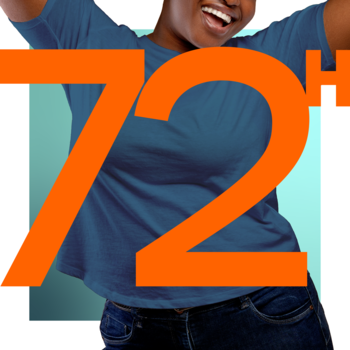 Kobieta z uśmiechem i uniesionymi rękami, przed nią duża, pomarańczowa cyfra 72h, Fresh Citrus.