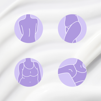 Cztery fioletowe ikony ciała na kremowym tle dla Dove WBD Lavender & Chamomile: ochrona wielu obszarów.