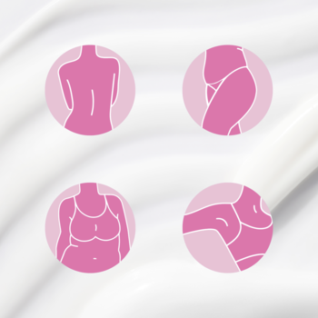 Różowe ikony kobiecych sylwetek na kremowym tle, ilustrujące obszary aplikacji dezodorantu do ciała Dove.