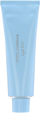 Jasnoniebieska tubka balsamu Dolce & Gabbana Light Blue, z pionowym logo i ukośnym napisem, widok z przodu.