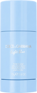 Dolce & Gabbana Light Blue Pour Homme dezodorant w sztyfcie 75g, jasnoniebieskie opakowanie, widok z przodu.