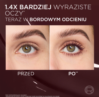 Mascara L'Oreal Panorama: oko przed i po użyciu. Widać 1.4x większą objętość rzęs w bordowym odcieniu.