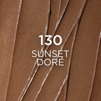 Bronzer L'Oréal Lumi Le Bronze 130 Sunset Doré, zbliżenie na smugi z tekstem odcienia i blaskiem.
