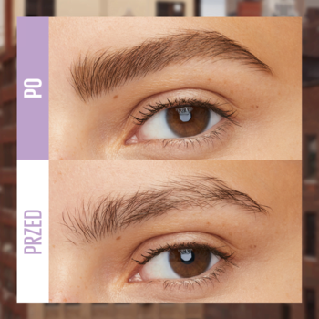 Zdjęcie przed i po: stylizacja brwi Quick Shaper Brow. Brązowe, naturalnie podkreślone brwi po użyciu kredki.