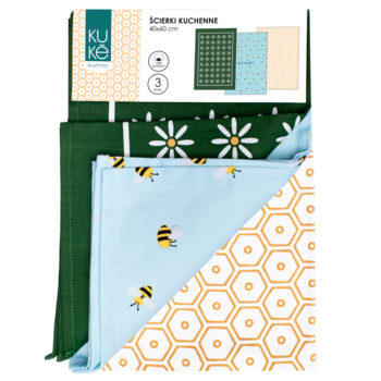 Trzy ściereczki kuchenne KU KE, złożone: zielona w kwiaty, niebieska w pszczółki, pomarańczowa w plastry miodu.