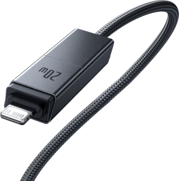 Czarny, pleciony kabel Baseus Versatile 4w1 z magnetycznymi końcówkami, widok pod kątem na moduł 20W.
