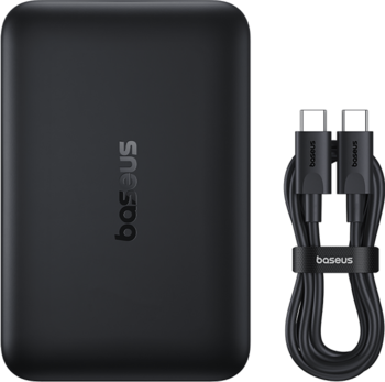 Czarny power bank Baseus EnerFill FM11 10000 mAh i zwinięty kabel USB-C, MagSafe, widok z przodu.