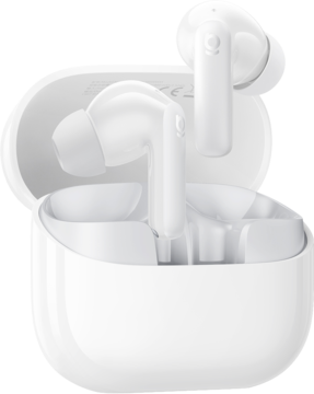 Białe słuchawki TWS Baseus Bass EP10 NC z aktywną redukcją szumów (ANC) w otwartym etui.