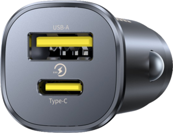 Baseus GoTrip DP1 30W, czarna ładowarka samochodowa z portami USB-A i USB-C, żółte wnętrza, zbliżenie.