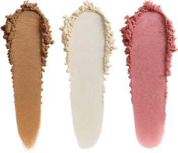 Tuli Labs Contour Trio do modelowania twarzy: brązowy bronzer, kremowy rozświetlacz i różowy róż w proszku, widok z góry.