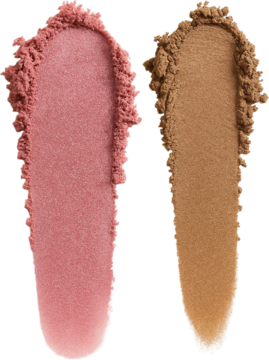 Blush & Bronze Duo: aksamitne swatche różowego różu i brązowego bronzera, widok z góry.