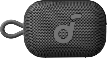 Czarny głośnik Soundcore Select 4 Go z teksturowaną siateczką, szarym logo i pętelką, widok z przodu.