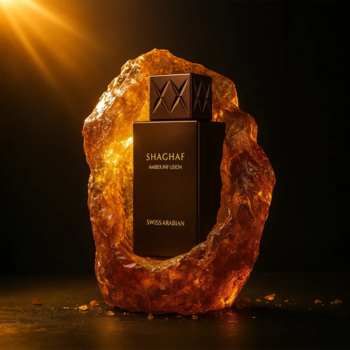 Shaghaf Amber Infusion, ciemna butelka perfum w bursztynowej skale, widok z przodu.