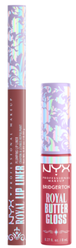 Two NYX Bridgerton lip products: Royal Lip Liner (mauve-brown) and Royal Butter Gloss (deep red) with ornate caps.