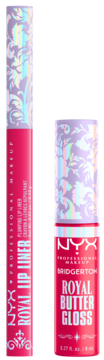 Różowy zestaw NYX Bridgerton: powiększający Royal Lip Liner i Royal Butter Gloss z holograficznymi, ozdobnymi nakrętkami.