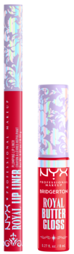 Zestaw NYX Bridgerton: czerwony Royal Lip Liner i Royal Butter Gloss z holograficznymi, ozdobnymi nakrętkami.