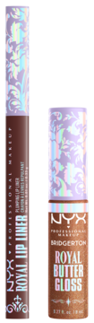 Dwa kosmetyki NYX Bridgerton: brązowa konturówka Royal Lip Liner i złoty Royal Butter Gloss z holograficznymi nakrętkami, stojące.