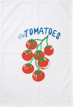 Biała bawełniana ściereczka z grafiką grona czerwonych pomidorów i niebieskim napisem 'Fresh Tomatoes', widok z przodu.