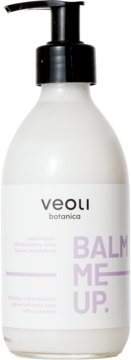 Lekki balsam Veoli Botanica Balm Me Up z ceramidami, biała butelka z czarną pompką, widok z przodu.