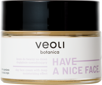 Krem nawadniający Veoli Botanica Have a Nice Face, słoik z czarną nakrętką i fioletowym napisem, widok z przodu.