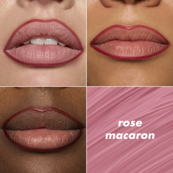 Konturówka do ust w kolorze 'rose macaron', pokazana na 3 modelkach o różnych karnacjach i próbka koloru.
