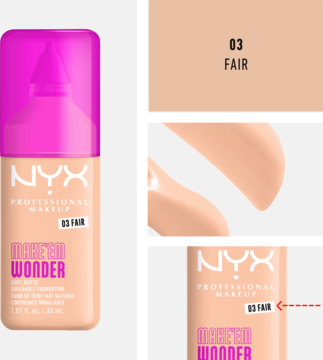 NYX podkład MAKE 'EM WONDER 03 FAIR z różową pompką, próbka jasnego odcienia i zbliżenie na płynną formułę.
